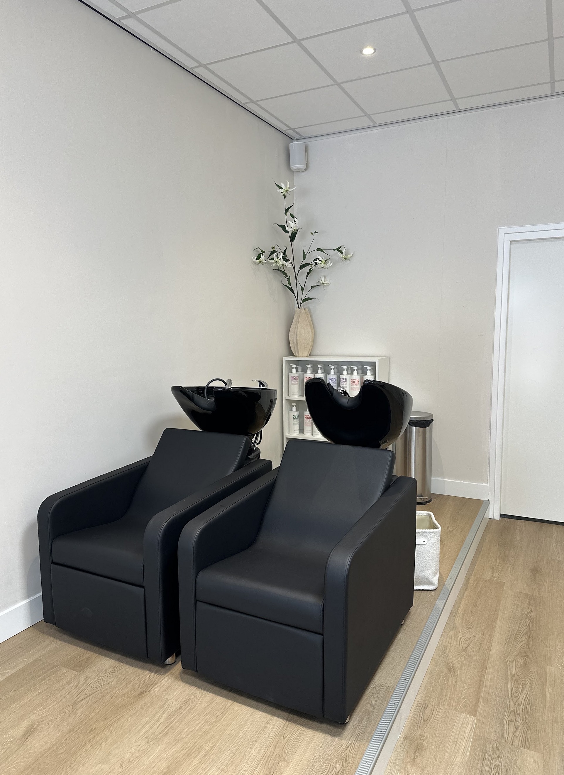 Twee zwarte wasstoelen in de salon, met een lichte houten vloer